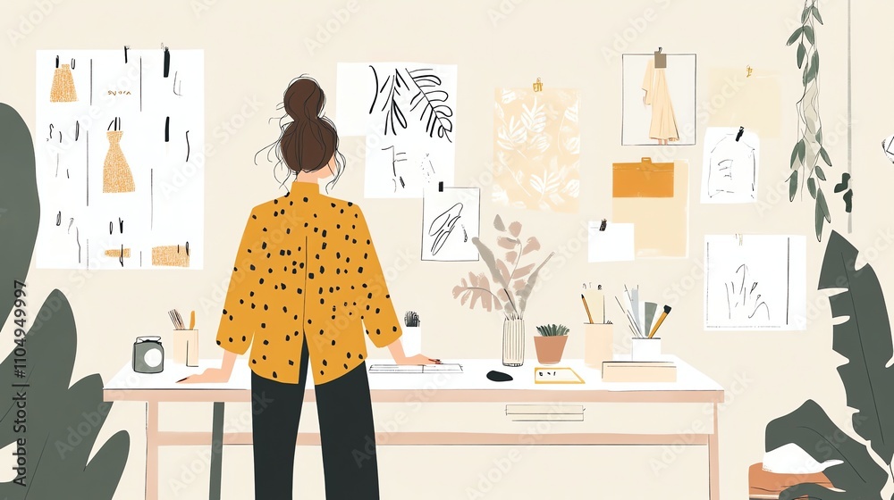 A woman stands in front of a wall with art and a desk with a plant in front of it. A woman stands in front of a wall with art and a desk with a plant in front of it.