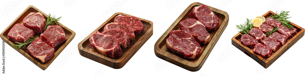 Beef steaks placed on a wooden tray, isolated on a white background. collection set png. Beef steaks placed on a wooden tray, isolated on a white background. collection set png.
