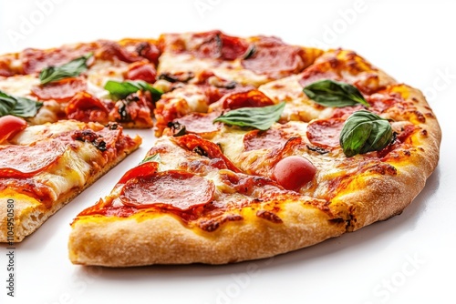 Artistic gourmet pepperoni pizza slice on white background