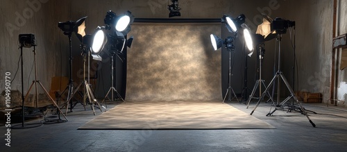 Professional studio setup with multiple lights illuminating a blank backdrop.