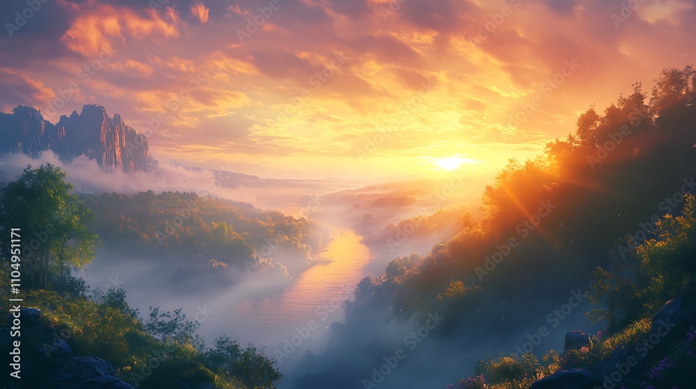 Sunrise view over a foggy river valley with soft golden light illuminating the landscape Sunrise view over a foggy river valley with soft golden light illuminating the landscape
