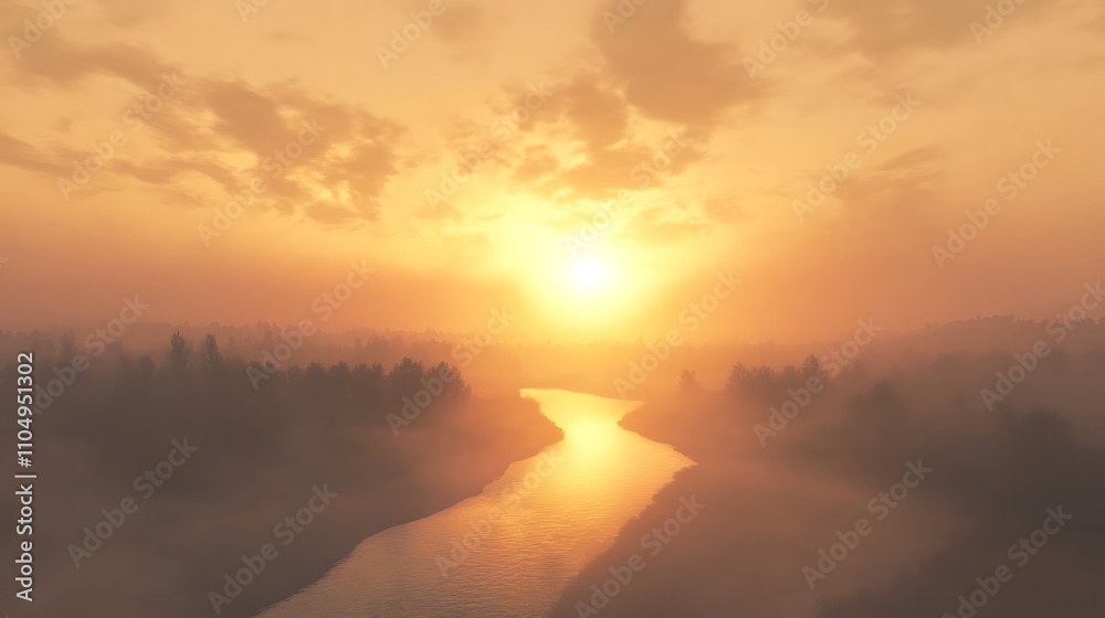 Sunrise view over a foggy river valley with soft golden light illuminating the landscape Sunrise view over a foggy river valley with soft golden light illuminating the landscape