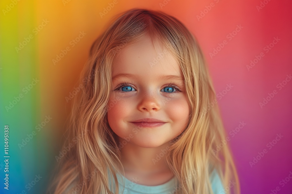 Smiling brightly, a blonde girl stands next to a rainbow-colored wall, her cheerful look enhancing the playful vibe. Smiling brightly, a blonde girl stands next to a rainbow-colored wall, her cheerful look enhancing the playful vibe.