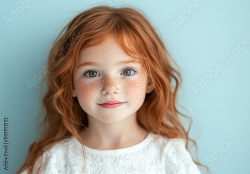 A red haired, freckled girl with blue eyes smiles softly, her unique features creating a captivating scene against teal.