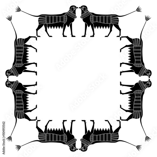 Square animal frame with fantastic griffins with lotus tails. Ancient Egyptian ethnic design. Black and white silhouette.