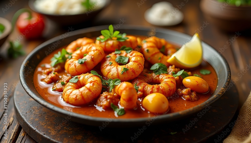 Delicious shrimp in a tomato-based sauce with herbs on top Delicious shrimp in a tomato-based sauce with herbs on top