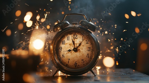 New year's eve countdown with alarm clock and colorful fireworks display, celebrating the excitement and anticipation of the upcoming year photo