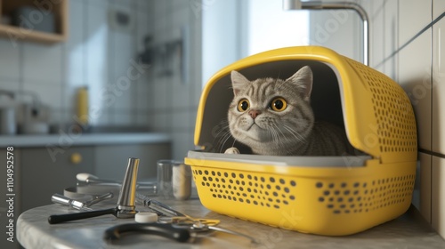 Cat in Yellow Carrier During Veterinary Visit photo