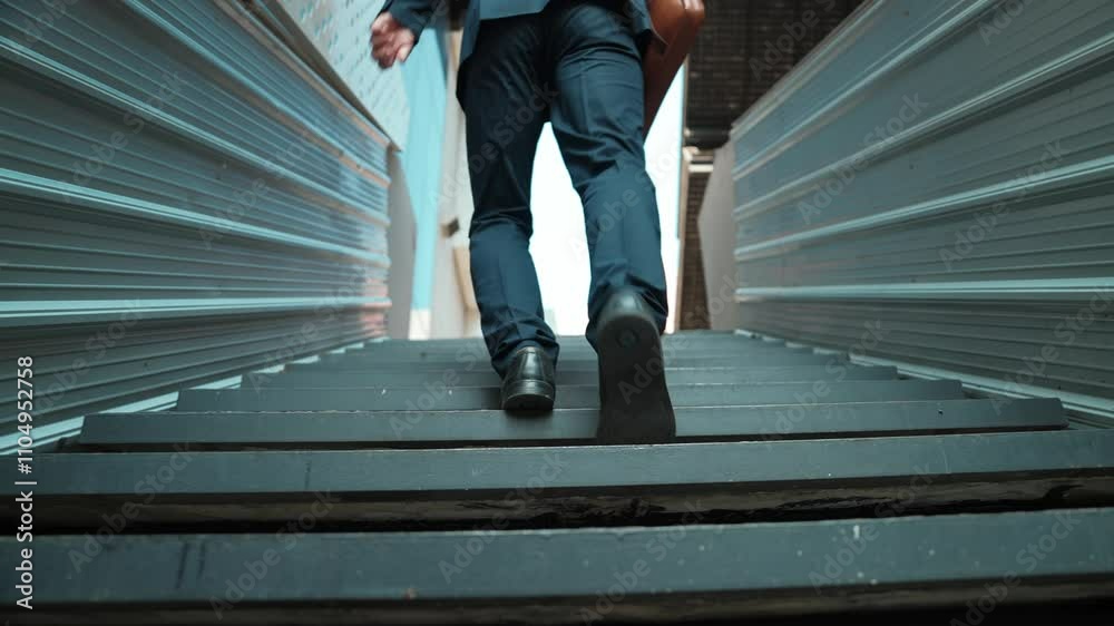 Closeup of successful business man leg walking up to stair. Manager changing workplace, discover a new thing, growth or getting promotion or walking in to light. Rising up. Focus on leg. Exultant.