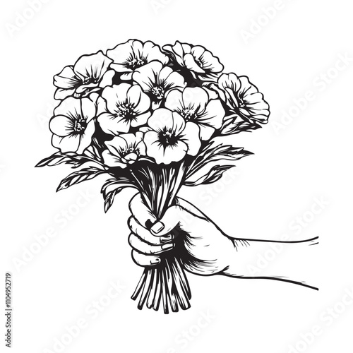 Hand holding flower bouquet vector illustration. Floral romantic gift. Flowers delivery service image vector