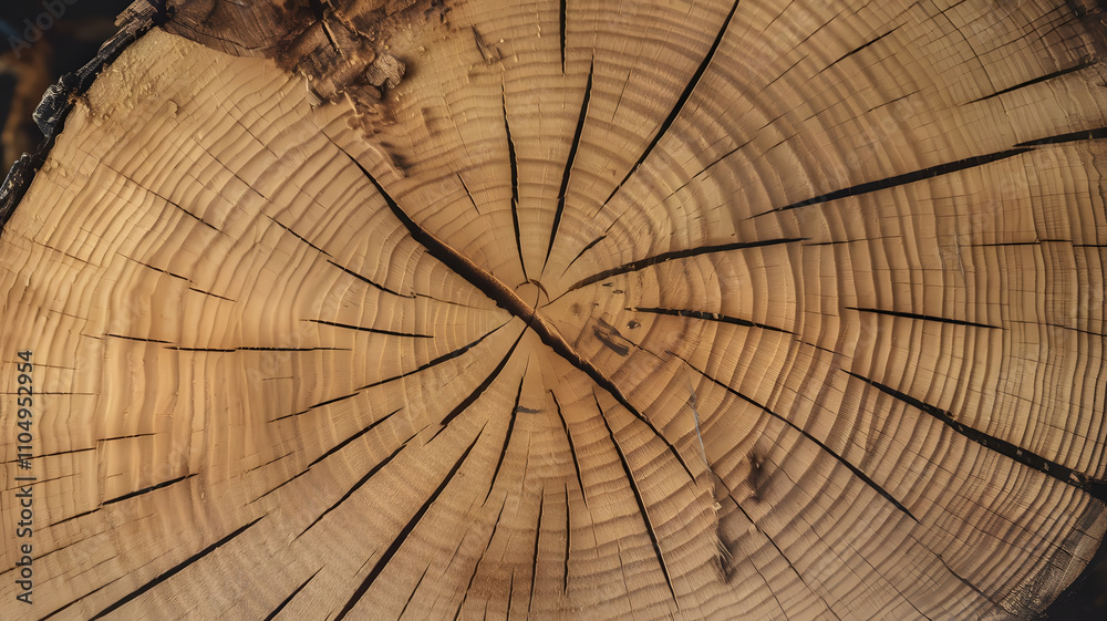Fototapeta premium Close-up view of the cut surface of an Ipe tree log, highlighting fine growth rings, rich brown tones, and the dense grain texture of this durable exotic hardwood. 