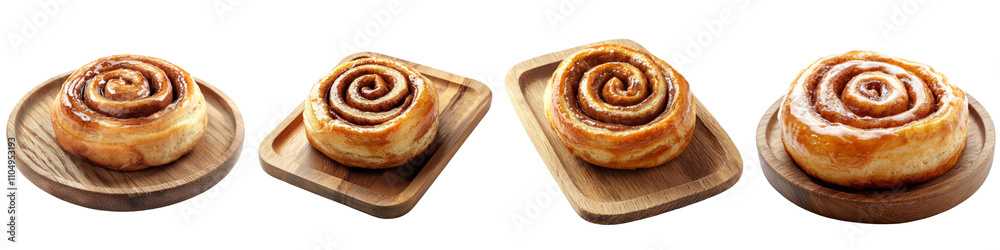 Cinnamon roll placed on a wooden tray, isolated on a white background. collection set png. Cinnamon roll placed on a wooden tray, isolated on a white background. collection set png.