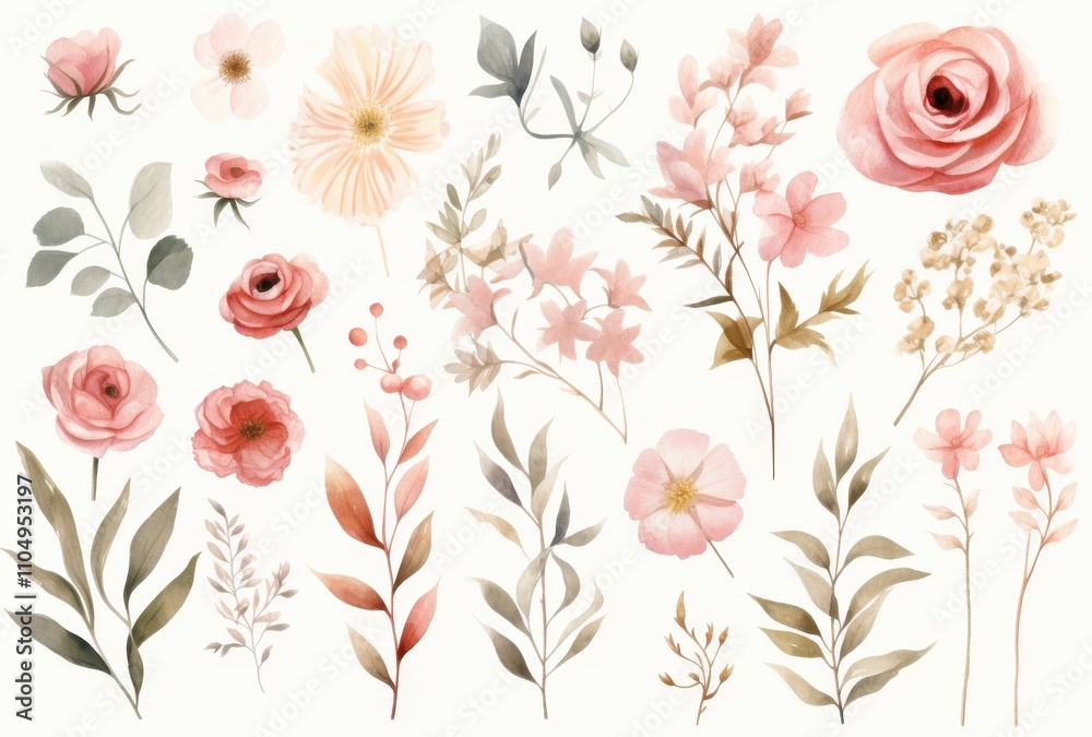 Obraz premium Delicate Watercolor Botanical Illustrations Featuring Soft Pink Roses and Flowers