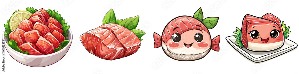 Cartoon character of Tuna sashimi, isolated on a white background. collection set png. Cartoon character of Tuna sashimi, isolated on a white background. collection set png.