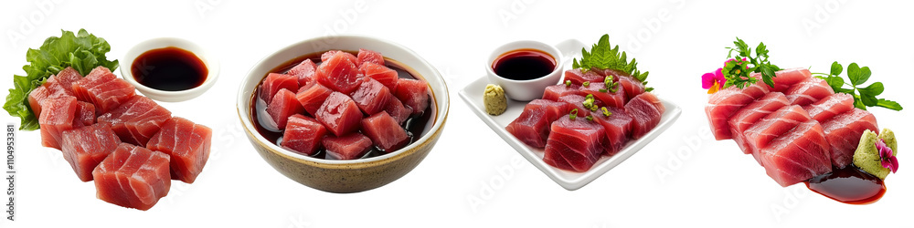 Tuna sashimi with sauce spreading, isolated on a white background. collection set png. Tuna sashimi with sauce spreading, isolated on a white background. collection set png.