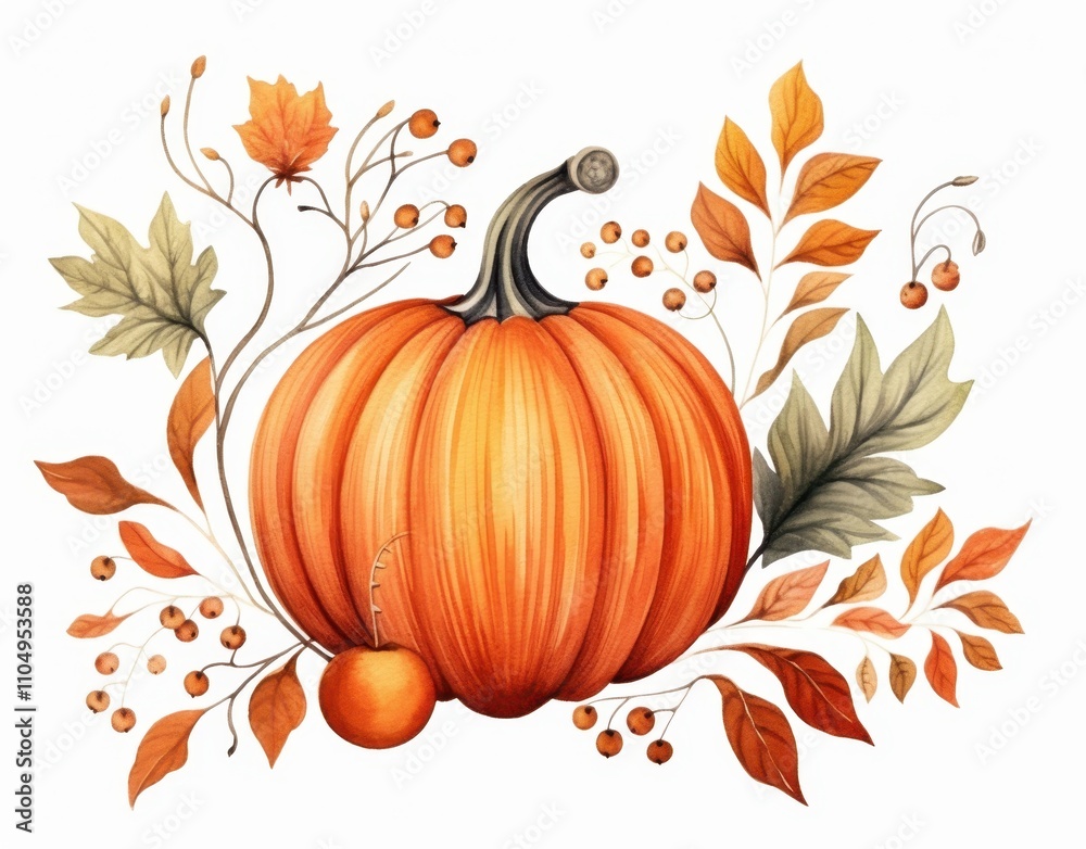 Naklejka premium Autumn Pumpkin Decorated With Fall Leaves And Berries