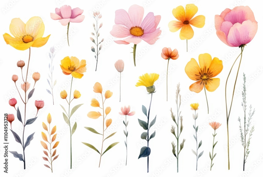 Obraz premium Watercolor Collection Of Delicate Yellow And Pink Flowers