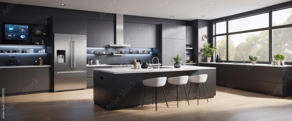 smart home filled with various connected devices and appliances AI, such as smart refrigerators, coffee makers, and ovens, all communicating with each other to simplify everyday tasks and enhance