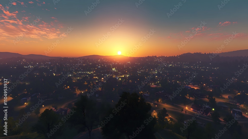 Sunset view from a high hilltop overlooking a sprawling city with lights beginning to twinkle Sunset view from a high hilltop overlooking a sprawling city with lights beginning to twinkle