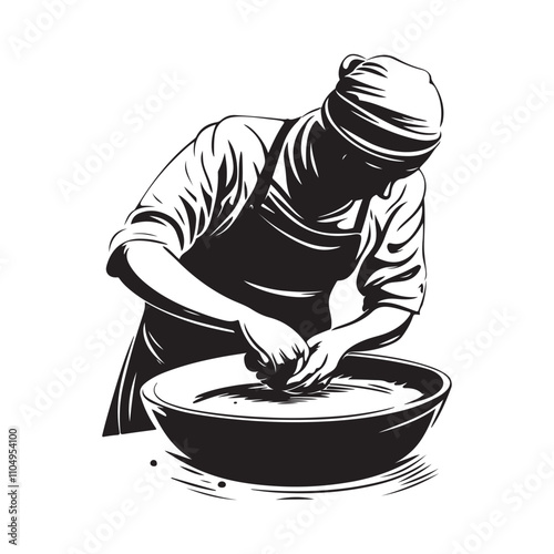 Person Crafting Bowls stock image vector. 
Old Man hands making ceramic cup on potter's wheel Stock image vector
