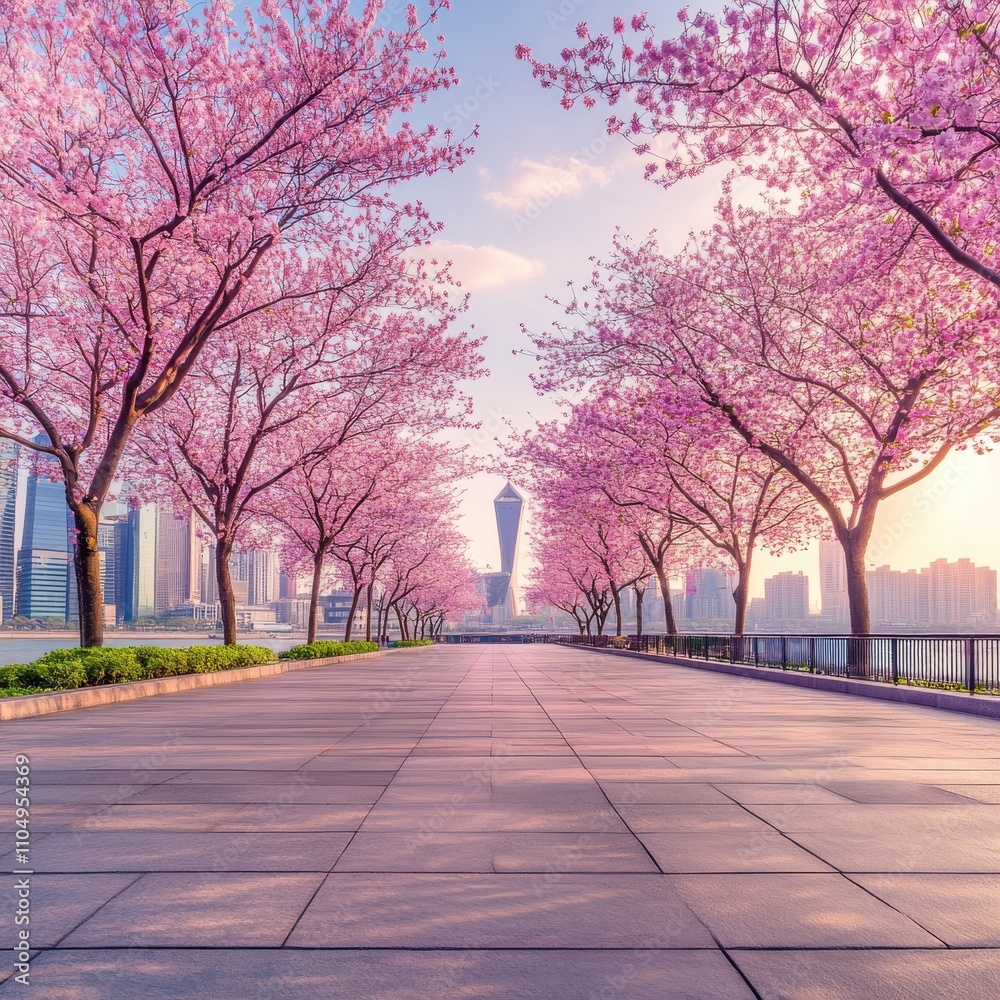 City skyline with cherry blossom trees, urban springtime scene, blooming sakura trees City skyline with cherry blossom trees, urban springtime scene, blooming sakura trees