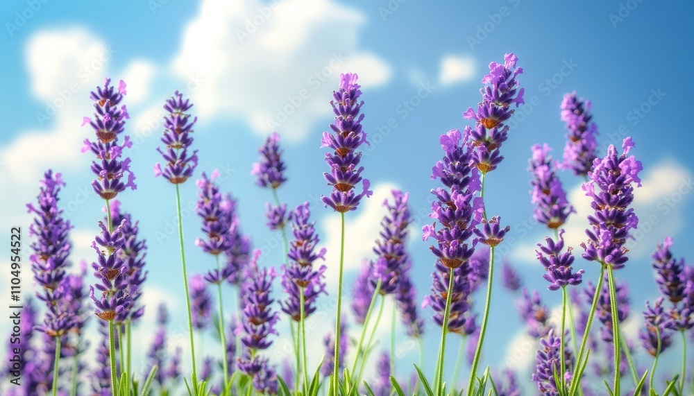 Fototapeta premium Lavender flowers bloom under a bright blue sky