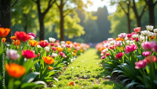 A vibrant garden path lined with colorful tulips blooming under a canopy of green trees