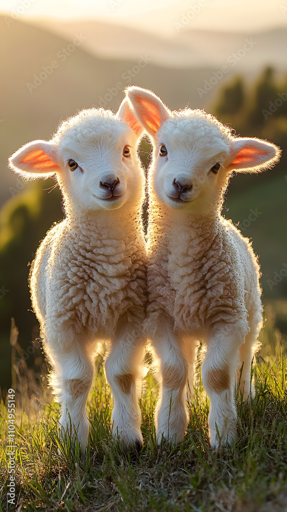 Two baby lambs grazing on the side of rolling green hills under a soft, golden sunset, capturing a peaceful countryside scene with natural beauty and innocence.
Two baby lambs grazing on the side of rolling green hills under a soft, golden sunset, capturing a peaceful countryside scene with natural beauty and innocence.