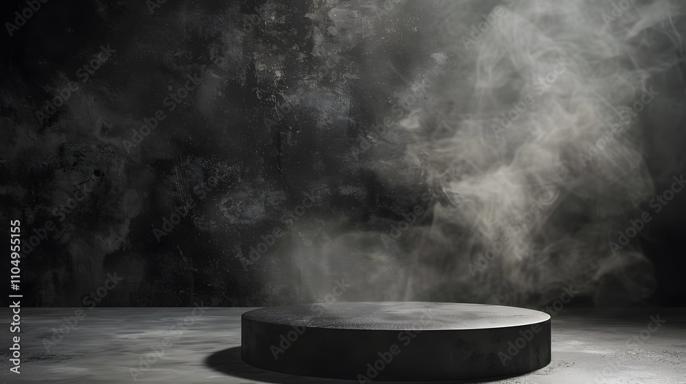 Dark Studio Background With Black Platform And Smoke Dark Studio Background With Black Platform And Smoke