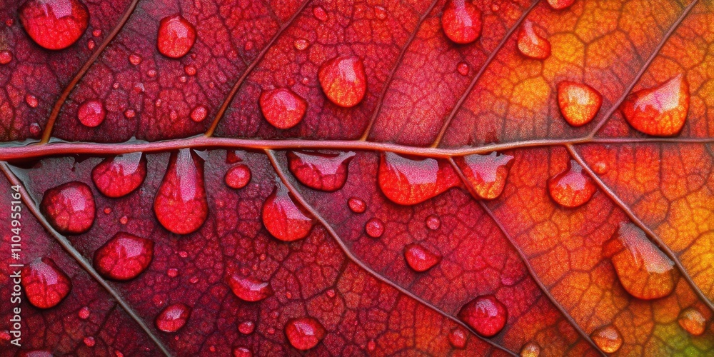 Fototapeta premium Beads of water glistening Leaf with sharp veins A det