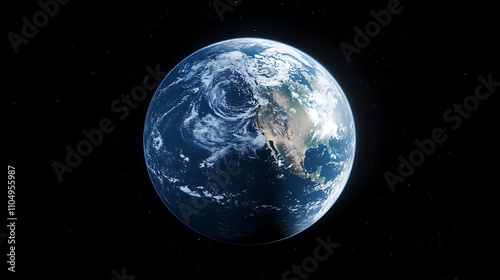 View of Earth from outer space with blue oceans and green continents. Black sky.