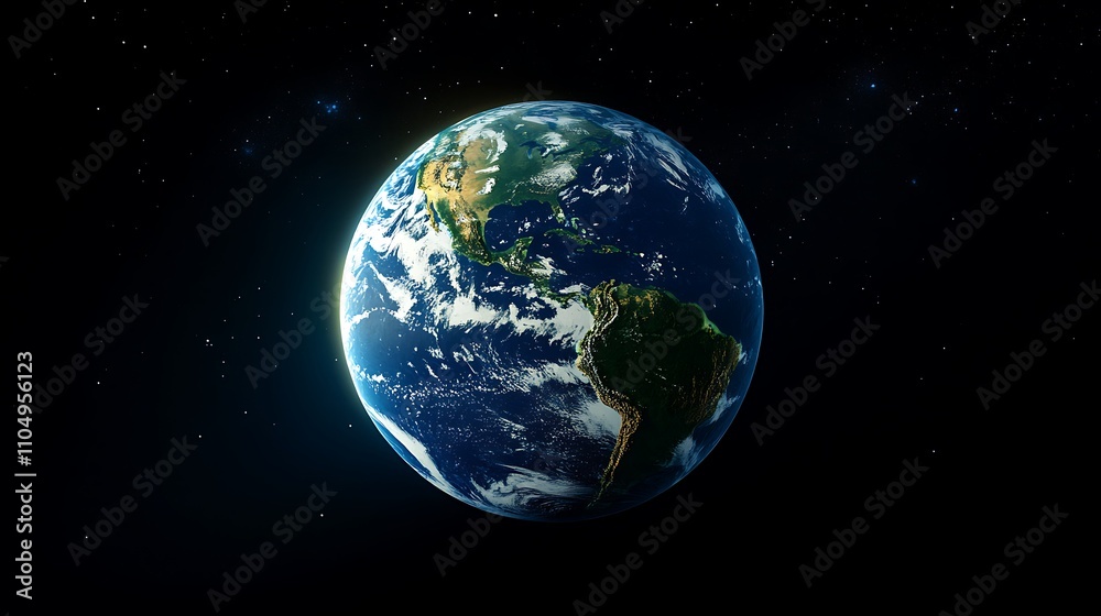 Obraz premium Earth with blue oceans, white clouds, and green continents. Black sky outer space image.