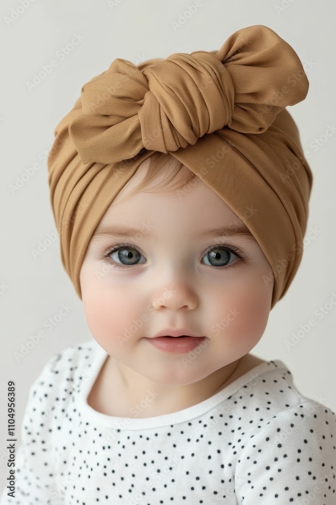 Adorable baby, brown turban, polka-dot shirt.