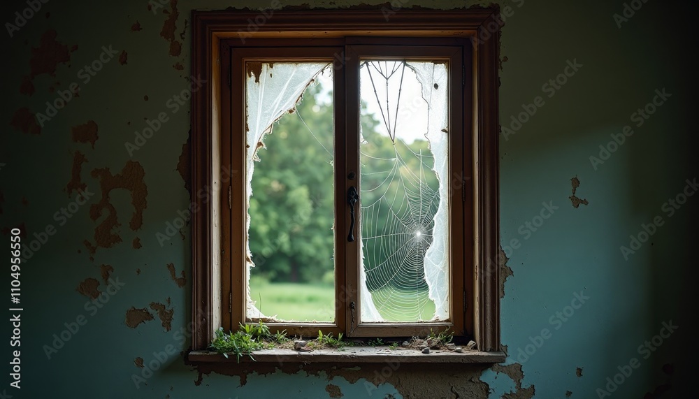 Fototapeta premium Window with cracked pane, Dirty window on wall, Webs of broken glass, C