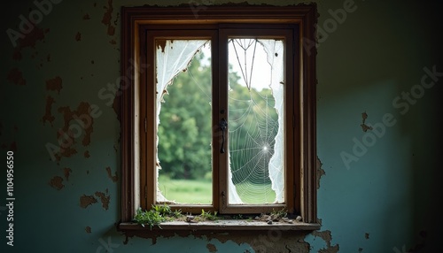 Window with cracked pane, Dirty window on wall, Webs of broken glass, C