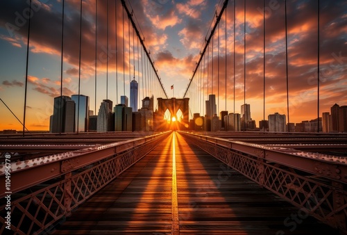 Brooklyn Bridge Sunset Over Manhattan Skyline