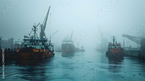 Misty Harbor Illustration: Tugboats and Cargo Ships in Fog