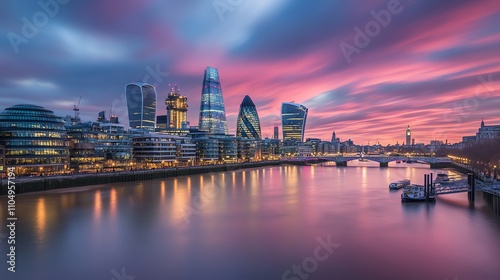 Wallpaper Mural A view of the London skyline at dusk, showcasing the River Thames and modern buildings. Torontodigital.ca