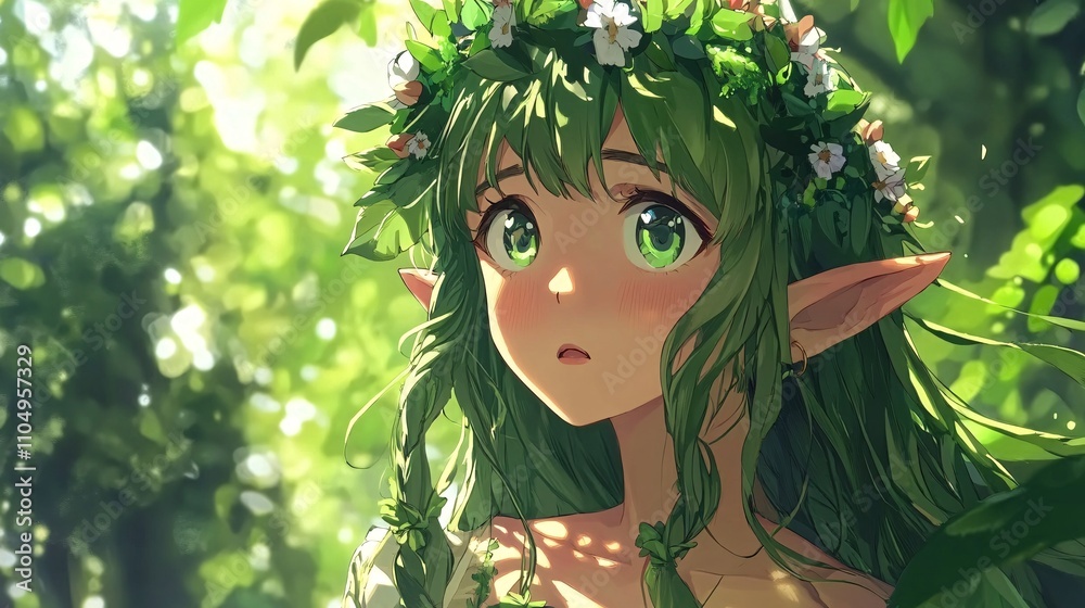 A forest elf with nature-themed attire and a serene expression, anime style A forest elf with nature-themed attire and a serene expression, anime style