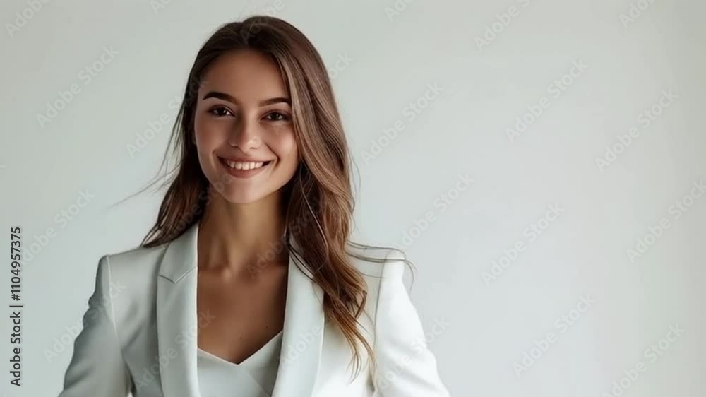 A young business woman, smiling, wearing a white suit, stands in front of a white background A young business woman, smiling, wearing a white suit, stands in front of a white background