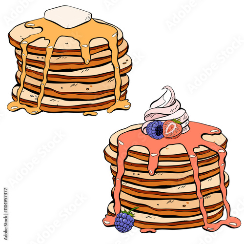 Indulge in a Delicious Stack of Pancakes, Generously Topped with Syrup and Fresh Berries. Vector 