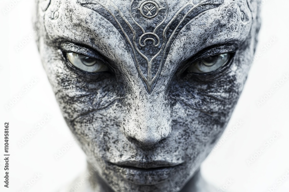 Obraz premium Stone-like face, intense gaze, ornate markings.