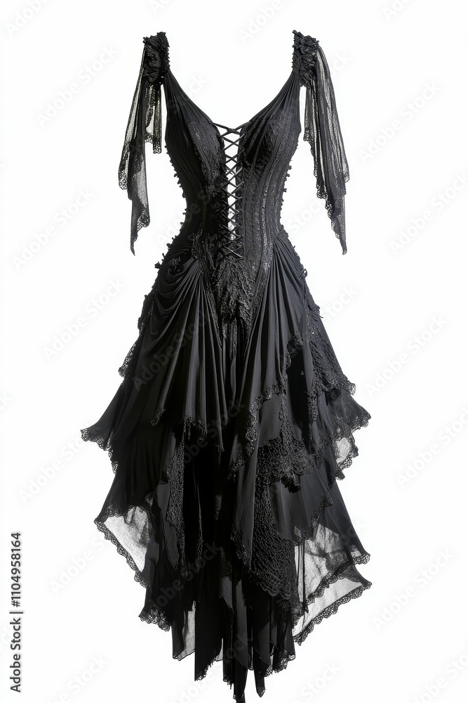 Black layered dress, lace trim, corset bodice. Black layered dress, lace trim, corset bodice.