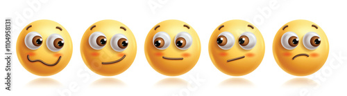 Side eyes emojis clipart characters set. Emoji 3d character in glance face, sarcasm, doubt, unamazed, confused and frustrated facial expression yellow graphic elements. Vector illustration side eyes 