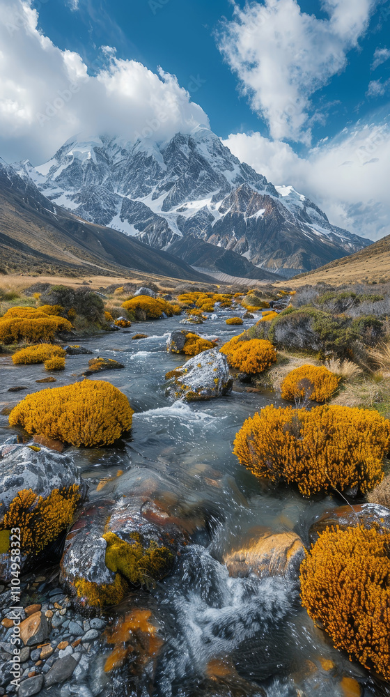 Majestic Mountain Landscape with Stream and Yellow Flowers Majestic Mountain Landscape with Stream and Yellow Flowers