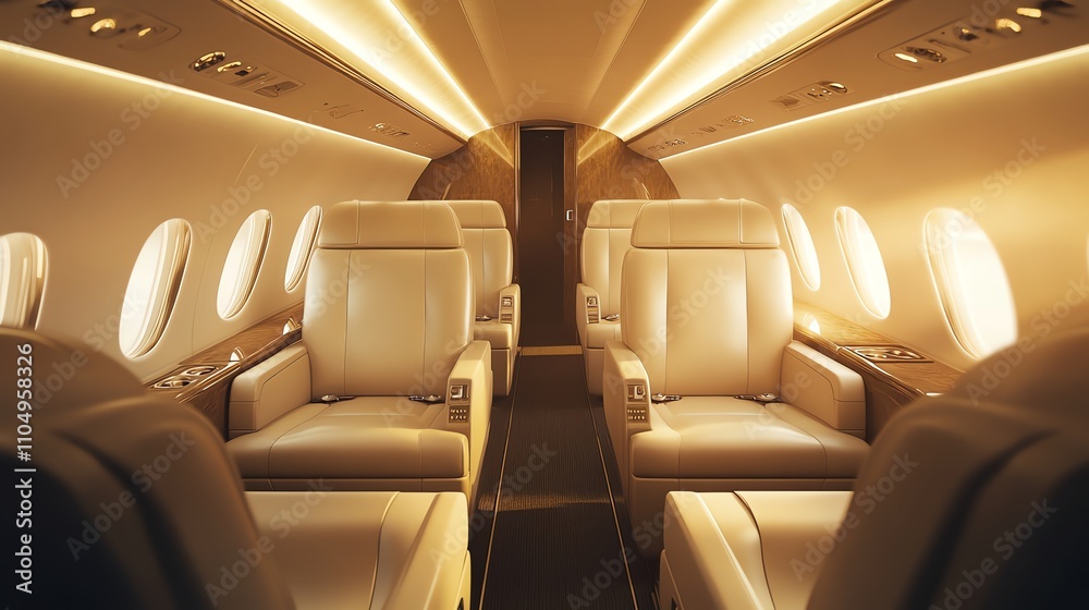 Fototapeta premium Empty airplane cabin seats with brown leather seats and white overhead lighting.