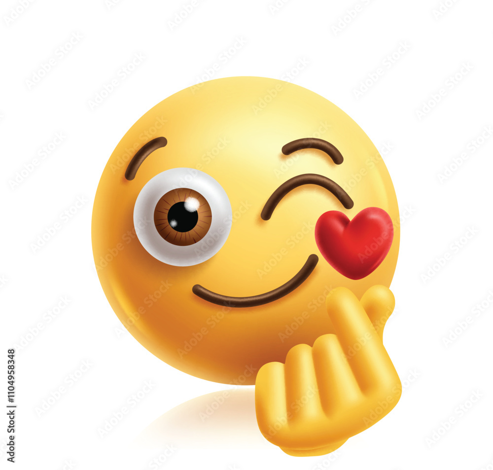 Finger heart emoji clipart 3d character. Emoji face in love, winking, happy, cute, smiling and funny facial expression with love hand sign graphic element. Vector illustration finger heart emoticon 