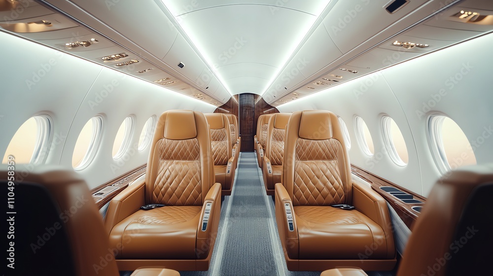 Fototapeta premium A luxurious private jet interior with brown leather seats.