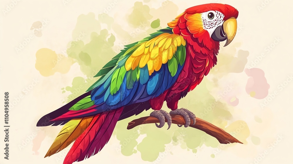 Obraz premium A colorful parrot perched on a branch against a watercolor background.