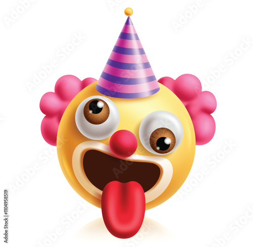 Clown emoji clipart 3d character. Emoji joker face in funny, enjoy, happy, silly and naughty facial expression with party hat and wig graphic element. Vector illustration clown emoticon clip art. 
